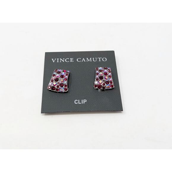 Vince Camuto Clip On Earrings Silver Tone Rectangular Red Rhinestone New - Picture 1 of 4